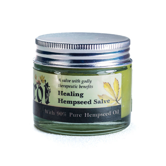 Jar of Hemp Beeswax Natural Moisturizer by Shrot with a label on a white background. side angle.
