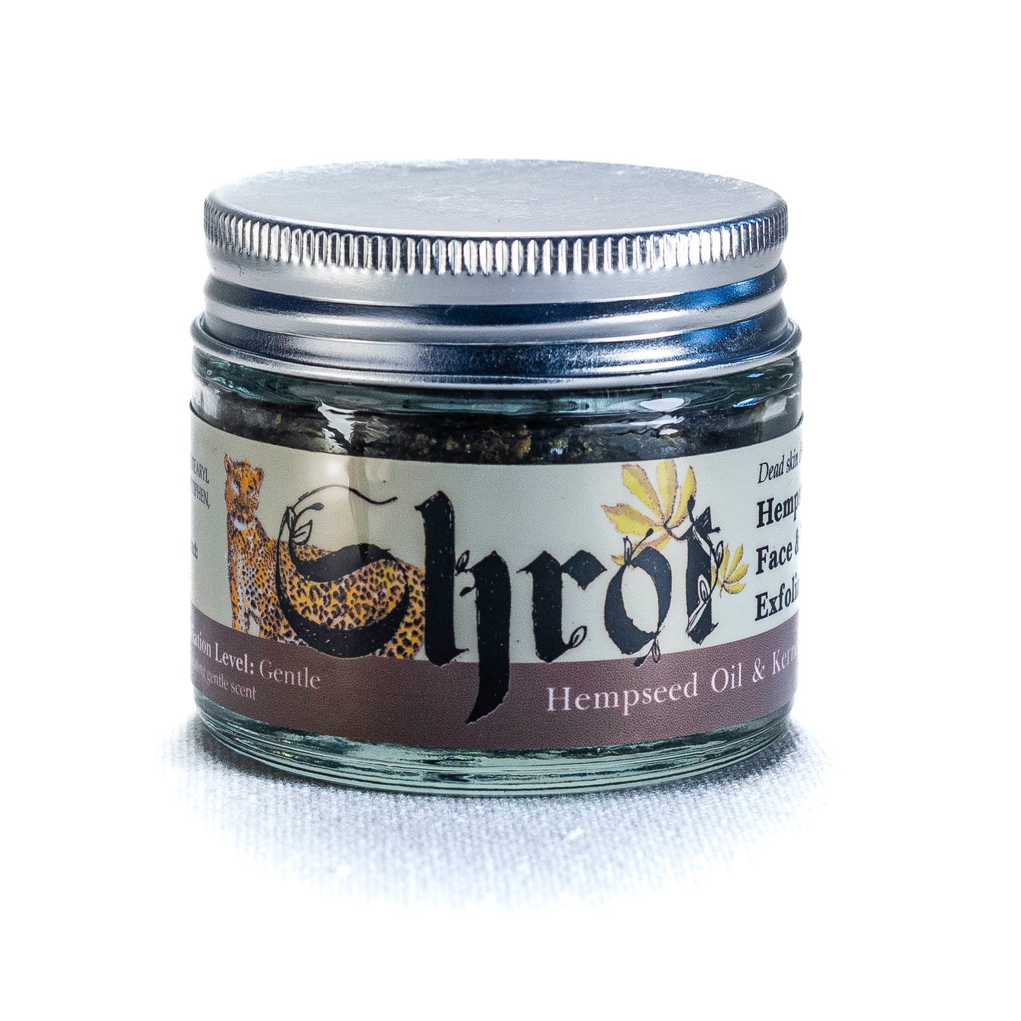 Jar of Shrot Hempseed Oil exfoliating face scrub on a white background. Front angle.