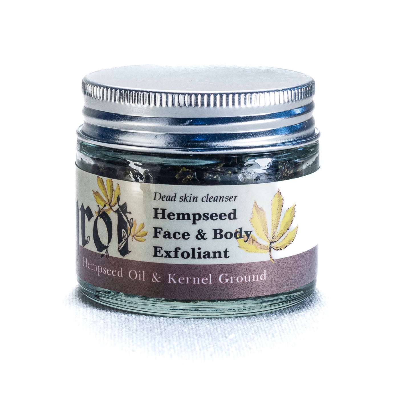 Jar of Hempseed Face scrub by Shrot with a silver lid on a white background. Side angle.