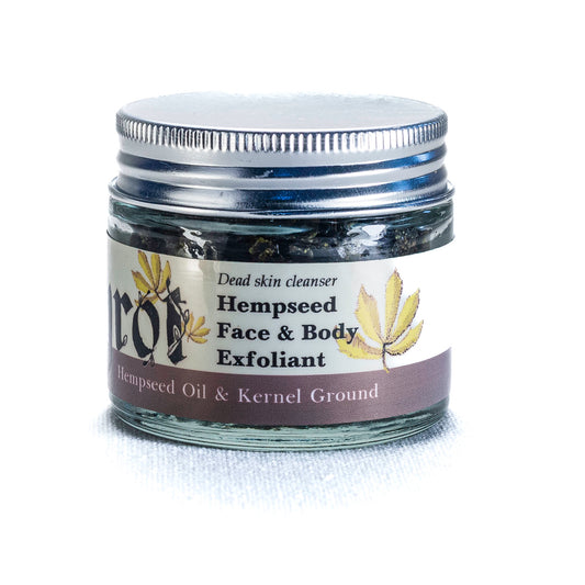 Jar of Hempseed Face scrub by Shrot with a silver lid on a white background. Side angle.
