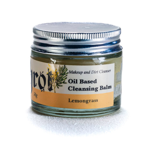 Jar of oil-based cleansing balm by Shrot with a label on a white background. Side angle.