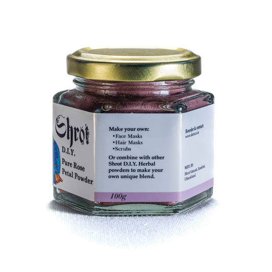 Jar of Shrot Pure Rose Powder with a gold lid on a white background. Side angle.