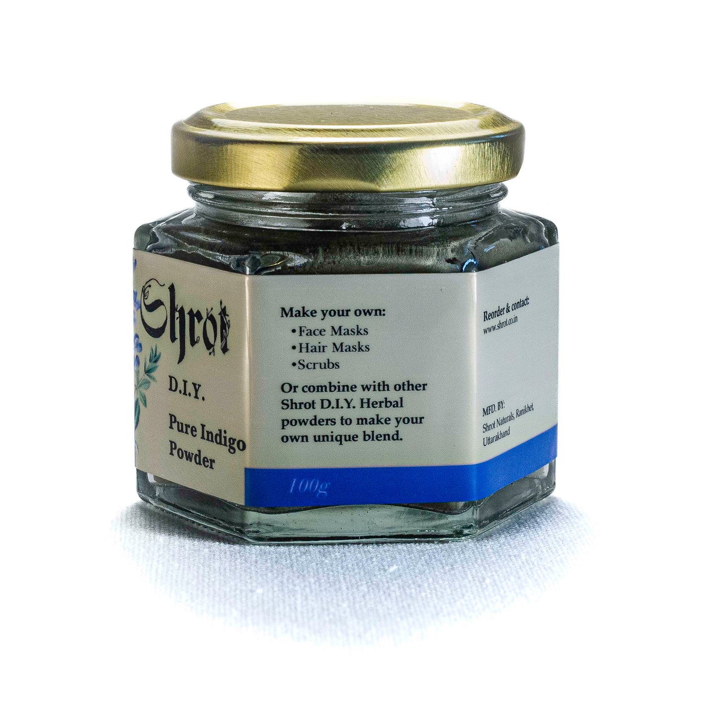 Jar of Shrot Pure Indigo Powder with label on a white background. Side angle.