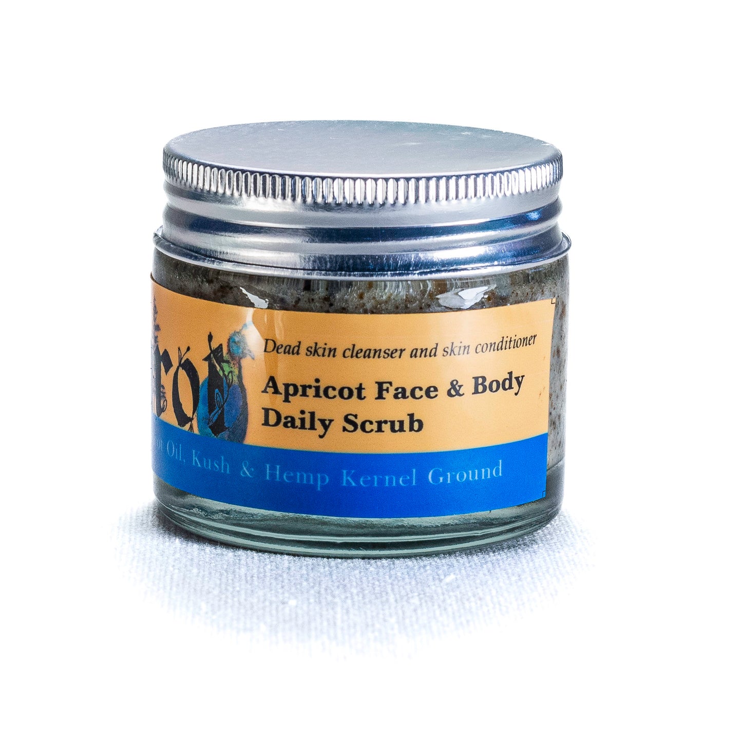 Jar of apricot face and body daily scrub with a label on a white background