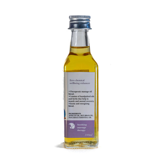 Bottle of Shrot Body massage oil with a purple label on a white background. Side angle.