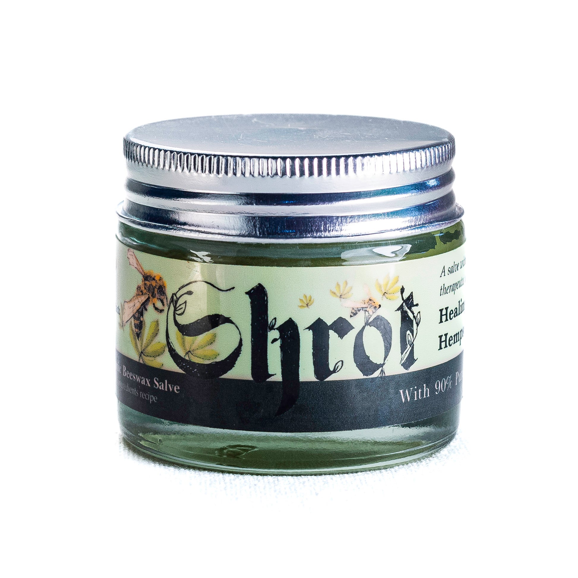 Jar of Shrot Hemp Beeswax Natural Moisturizer with a silver lid on a white background. Front angle.
