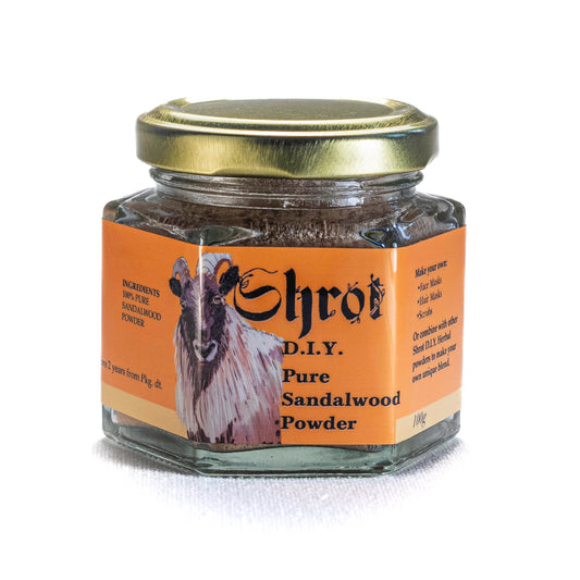 Jar of Shrot Pure Chandan Powder with a gold lid on a white background. Front view.