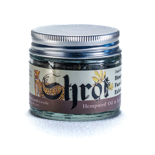 Jar of Shrot Hempseed Oil exfoliating face scrub on a white background. Front angle.