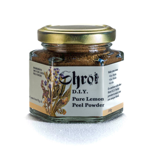 Jar of Shrot Pure Lemon Powder on a white background. Front angle.