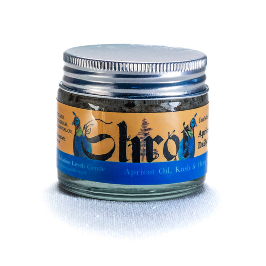 Jar of face scrub by Shrot with a label on a white background