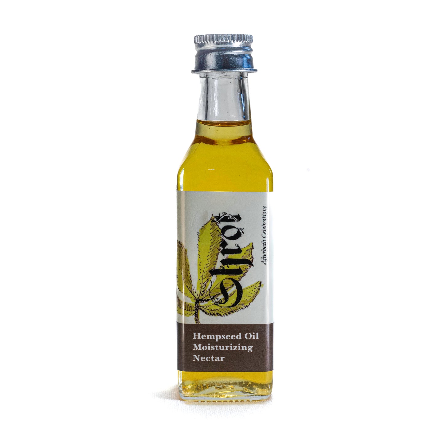 Bottle of Shrot hempseed Moisturizing oil with a label on a white background. Front angle.