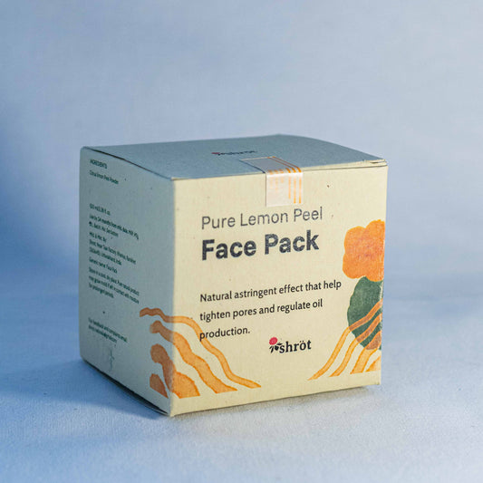 Box of 'Pure Lemon Peel Face Pack' by Shrot natural cosmetics on a light blue background