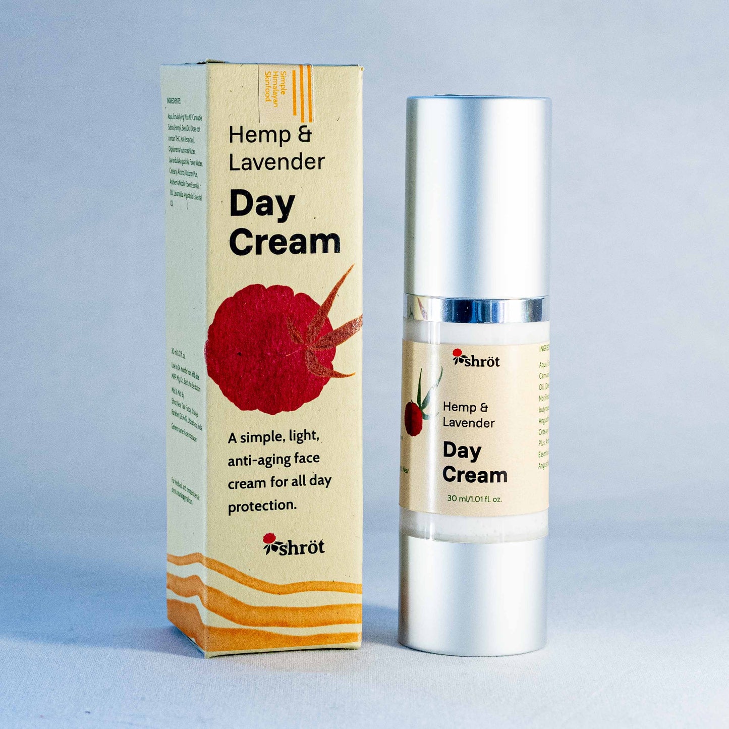 Hemp & Lavender Day Cream packaging and bottle on a light gray background by a trending Indian skincare brand called Shrot