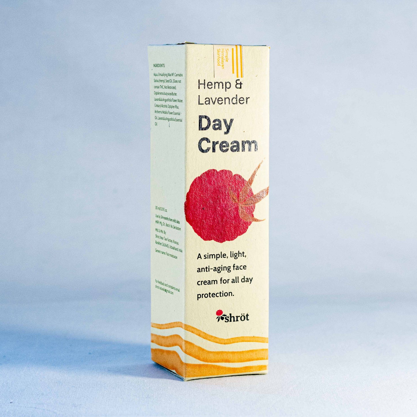 Box of Hemp & Lavender Day Cream with Floral illustration by a trending Indian skincare brand called Shrot on a light blue background
