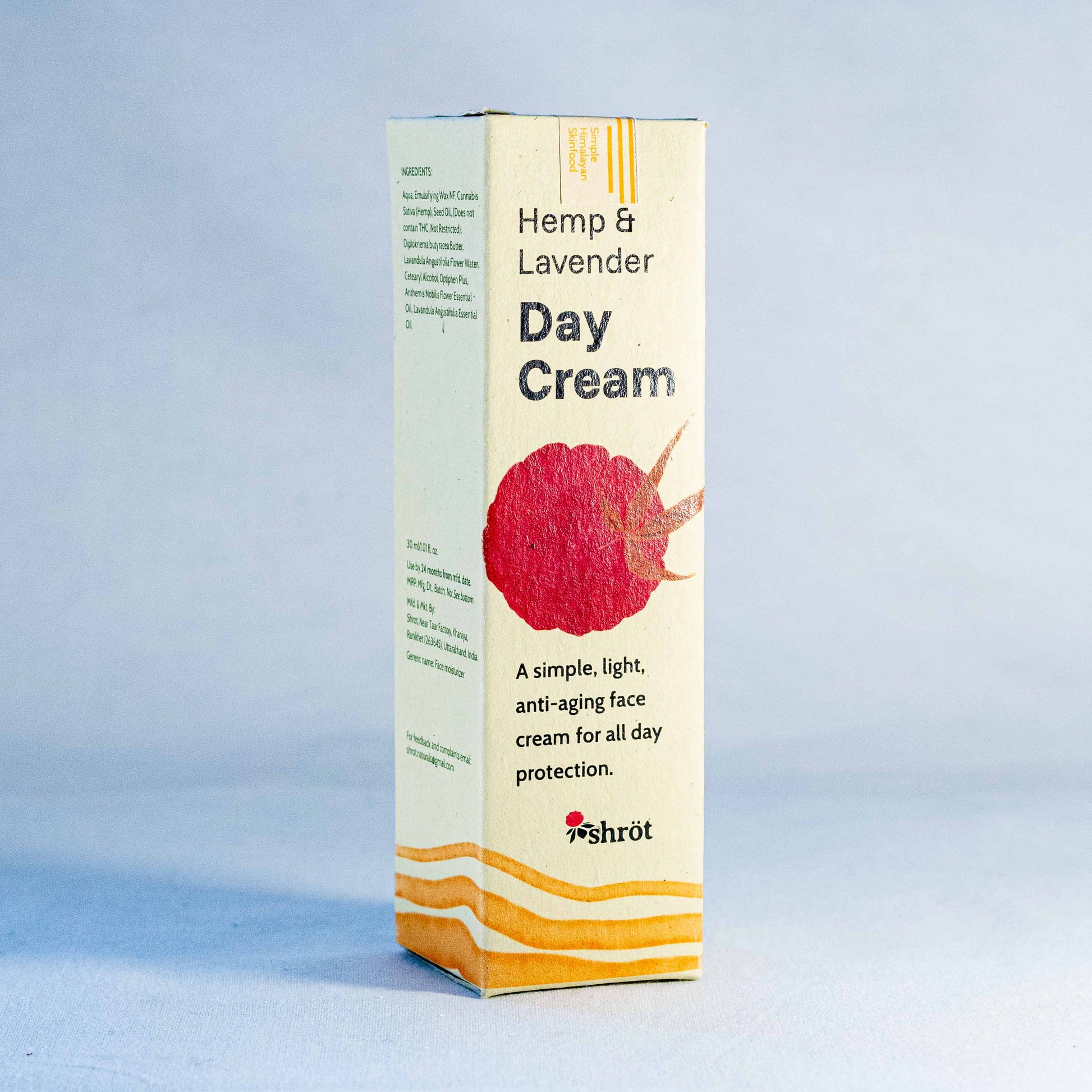 Box of Hemp & Lavender Day Cream with Floral illustration by a trending Indian skincare brand called Shrot on a light blue background