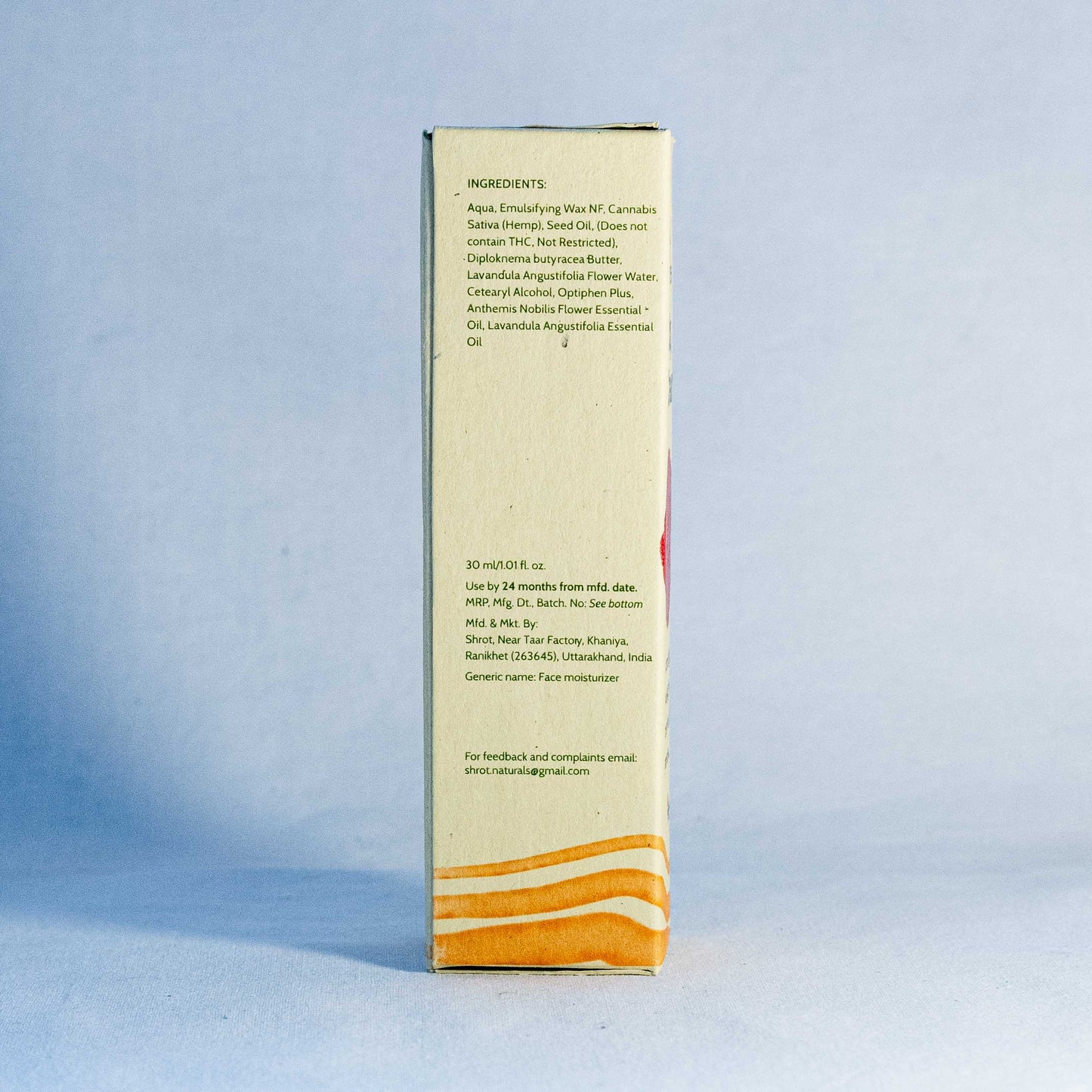Back view of a skincare product box with text on a light blue background by a trending Indian skincare brand called Shrot