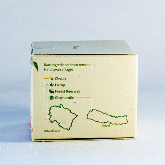 Box with Himalayan village ingredients text on a light blue background by a natural skincare brand called Shrot
