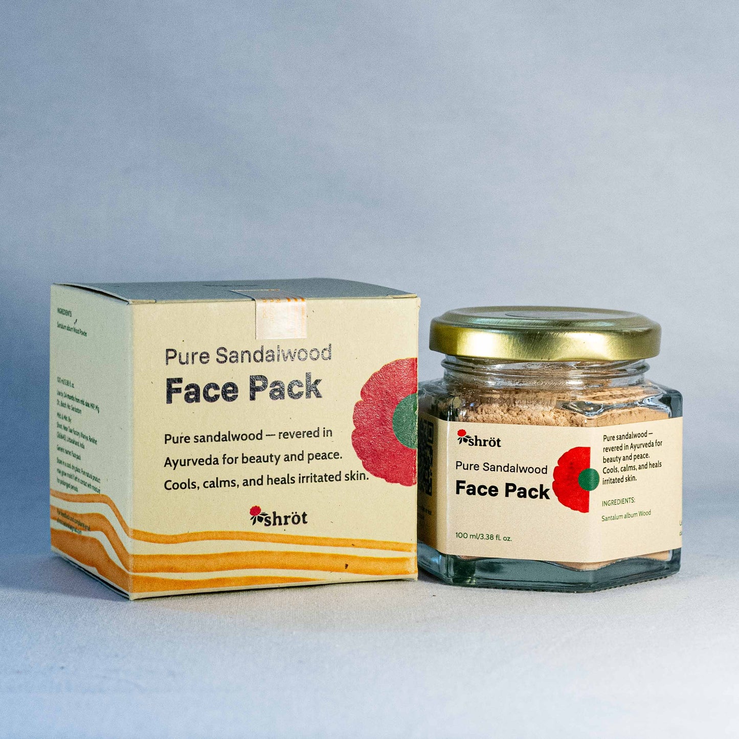 Jar of Pure Sandalwood Face Pack by Shrot Natural beauty products with packaging on a gray background