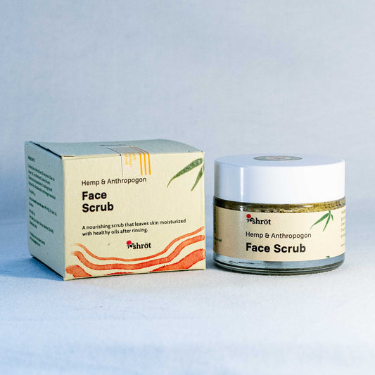 Hemp and Anthropogenic Face Scrub with packaging by a natural skincare brand called Shrot on a light gray background
