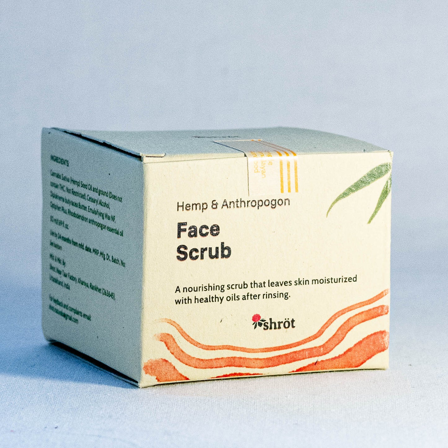 Box of Hemp & Anthropogon Face Scrub by a natural skincare brand called Shrot on a light blue background