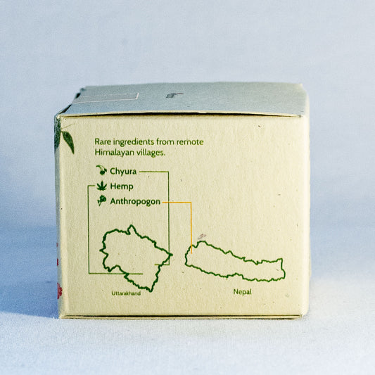 Box with information about rare ingredients from remote Himalayan villages on a light blue background by a natural skincare brand called Shrot 