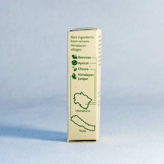 Product packaging with Himalayan ingredients by a natural skincare brand called Shrot on a light blue background