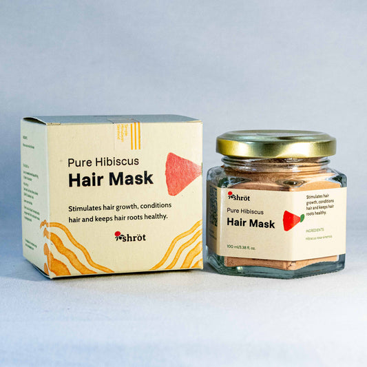 Pure Hibiscus Hair Mask packaging by Shrot natural skincare with jar and box on a light gray background
