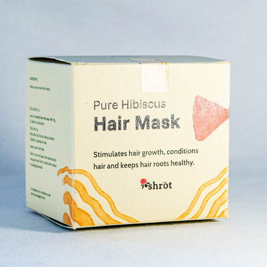 Box of Pure Hibiscus Hair Mask by Shrot natural skincare with branding on a light gray background