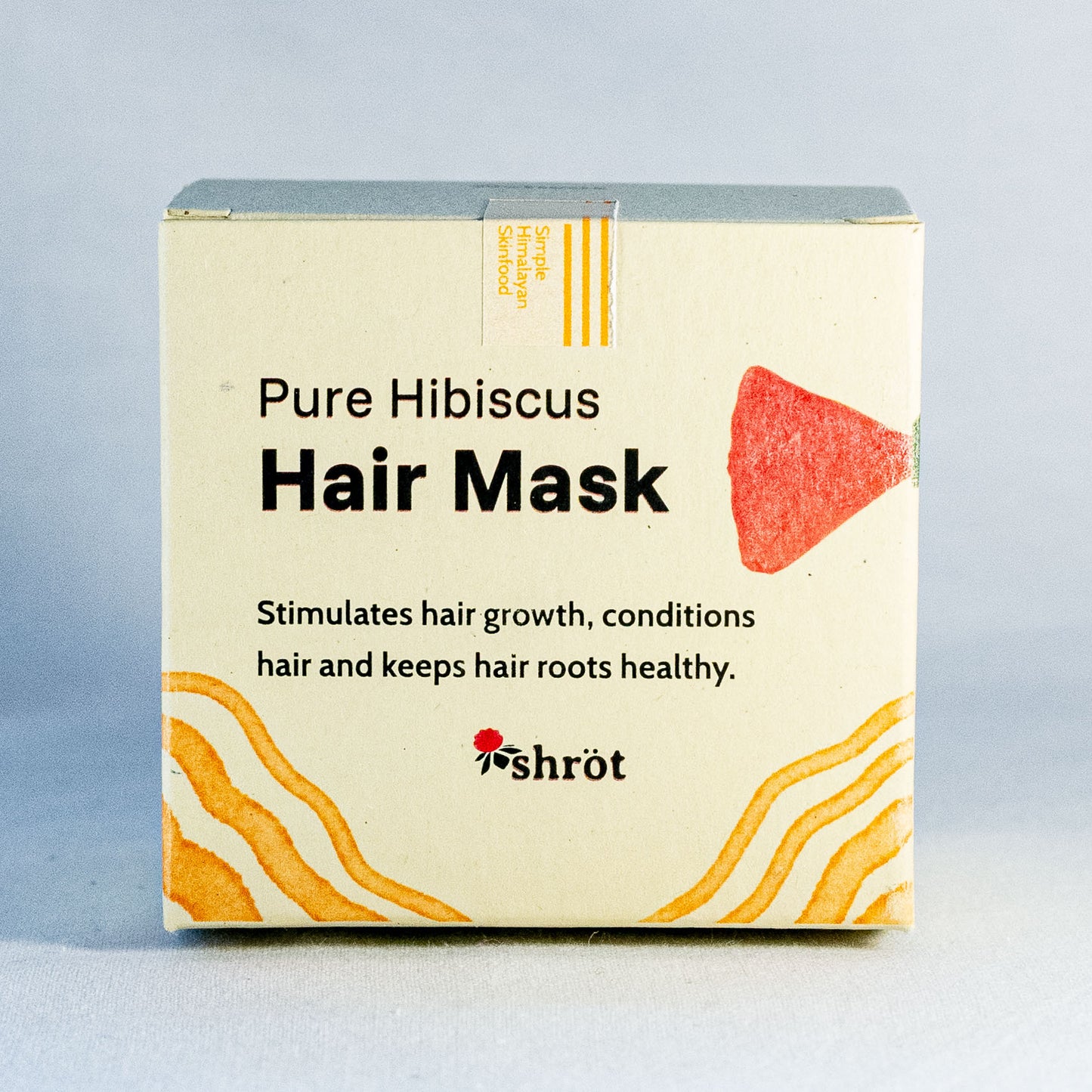 Box of Pure Hibiscus Hair Mask by Shrot natural skincare with branding on a light gray background