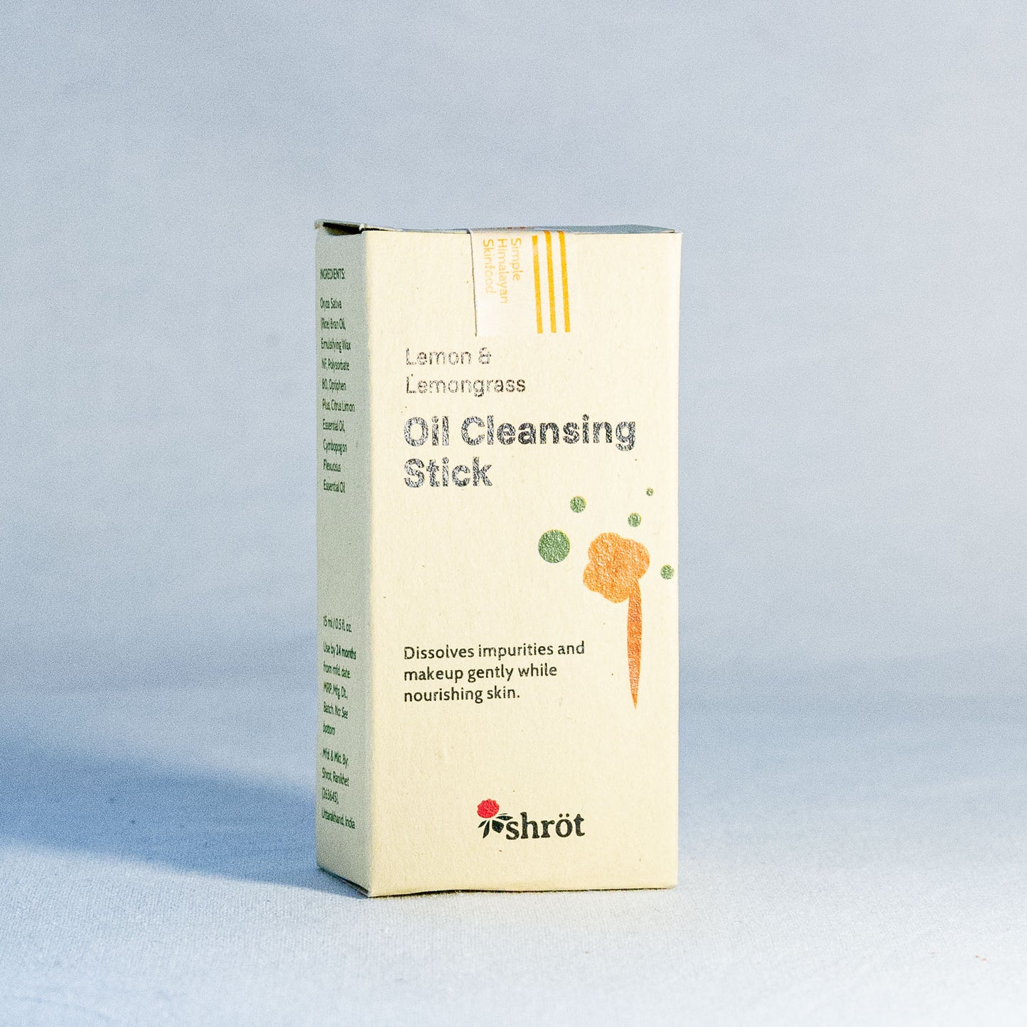 Box of Natural Oil Cleansing Stick with lemon and lemongrass by Shrot on a light gray background