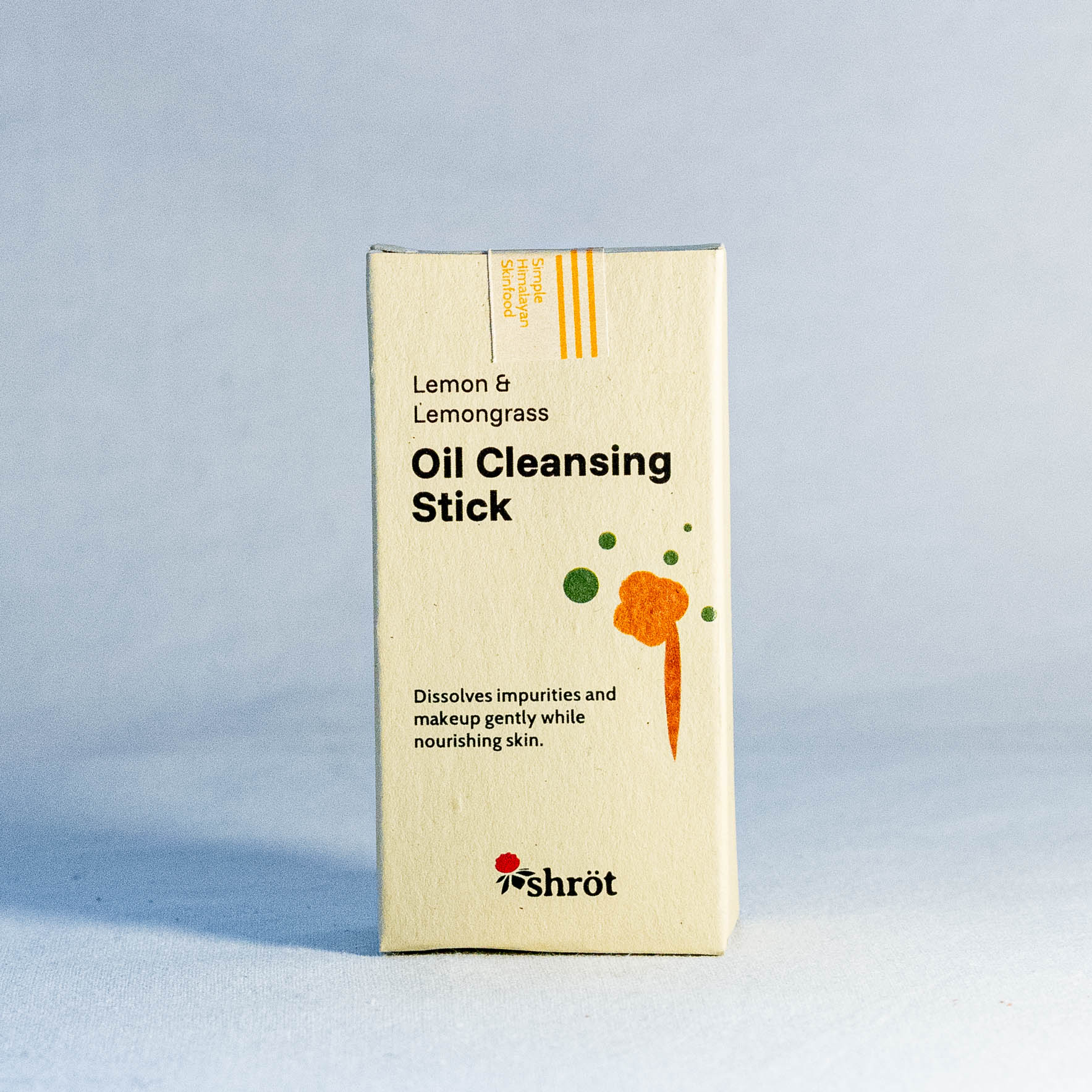 Box of Lemon & Lemongrass Oil Cleansing Stick by Shrot on a light blue background