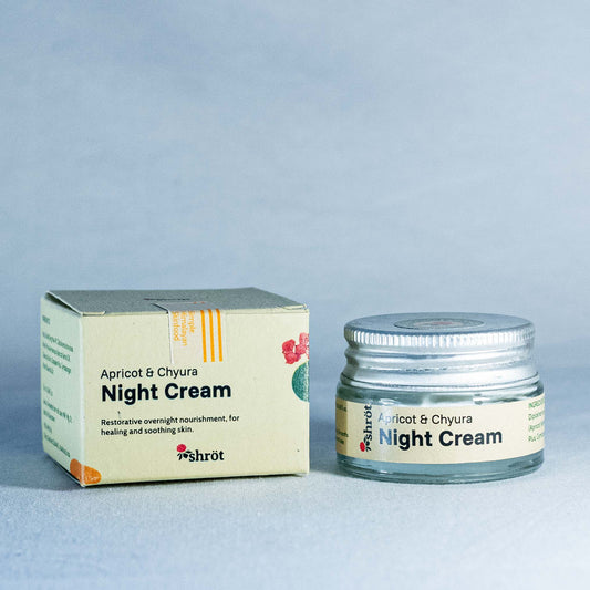Apricot & Chyura Night Cream jar and packaging on a light gray background by a trending Indian skincare brand called Shrot