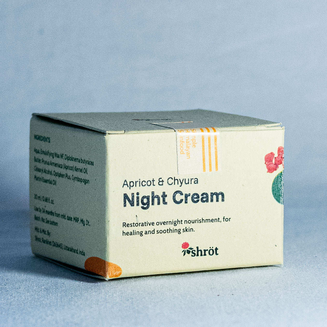 Box of Apricot & Chyura Night Cream on a light blue background by a trending Indian skincare brand called Shrot