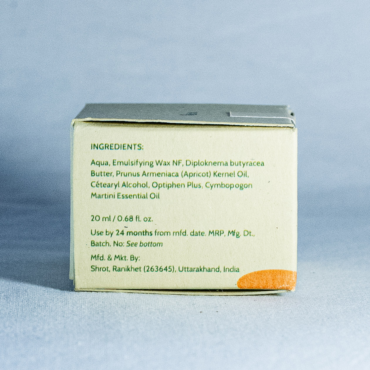 Back of a Cold process soap packaging by Shrot showing ingredients list on a gray background