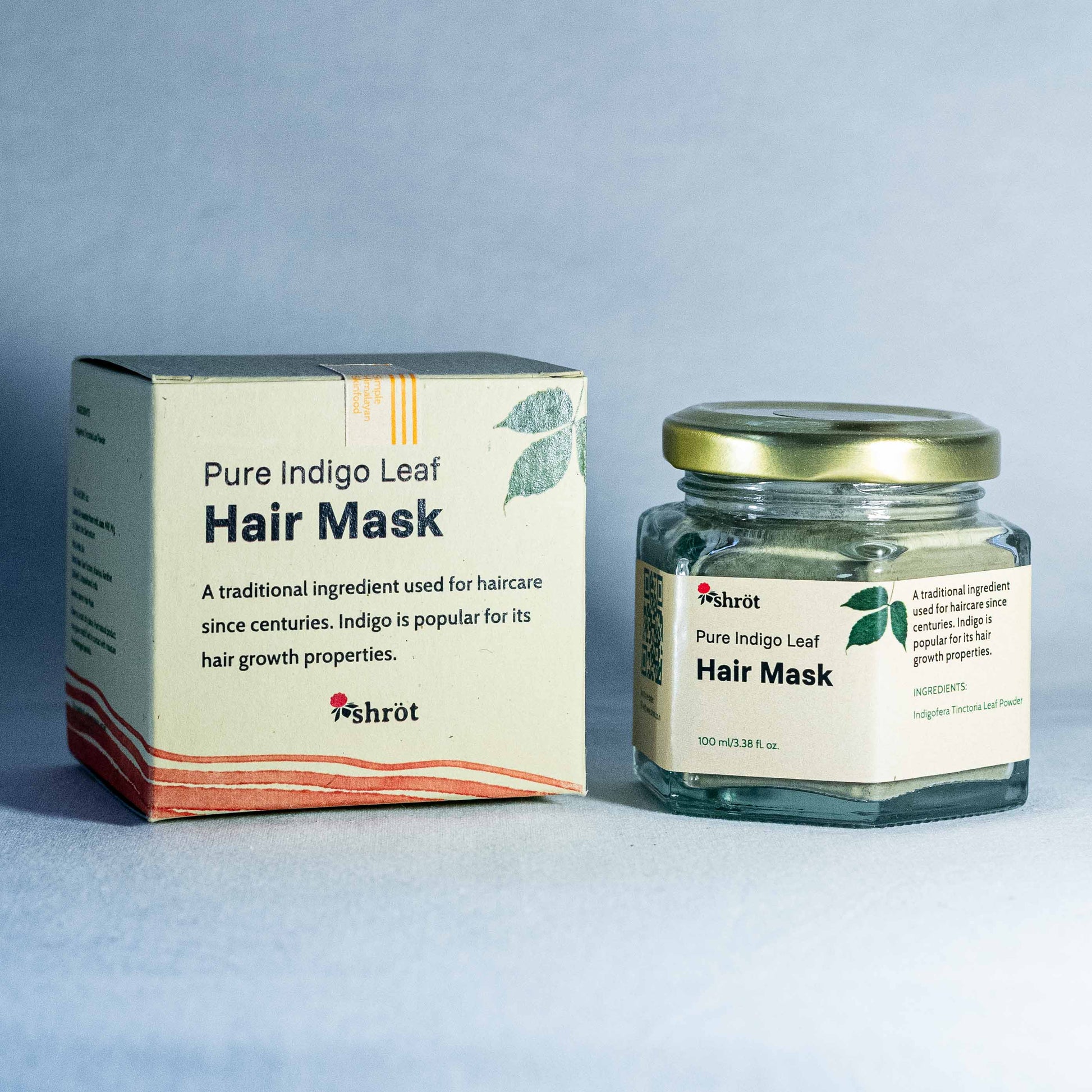Pure Indigo Leaf Hair Mask packaging by Shrot Natural beauty products with jar on a light gray background