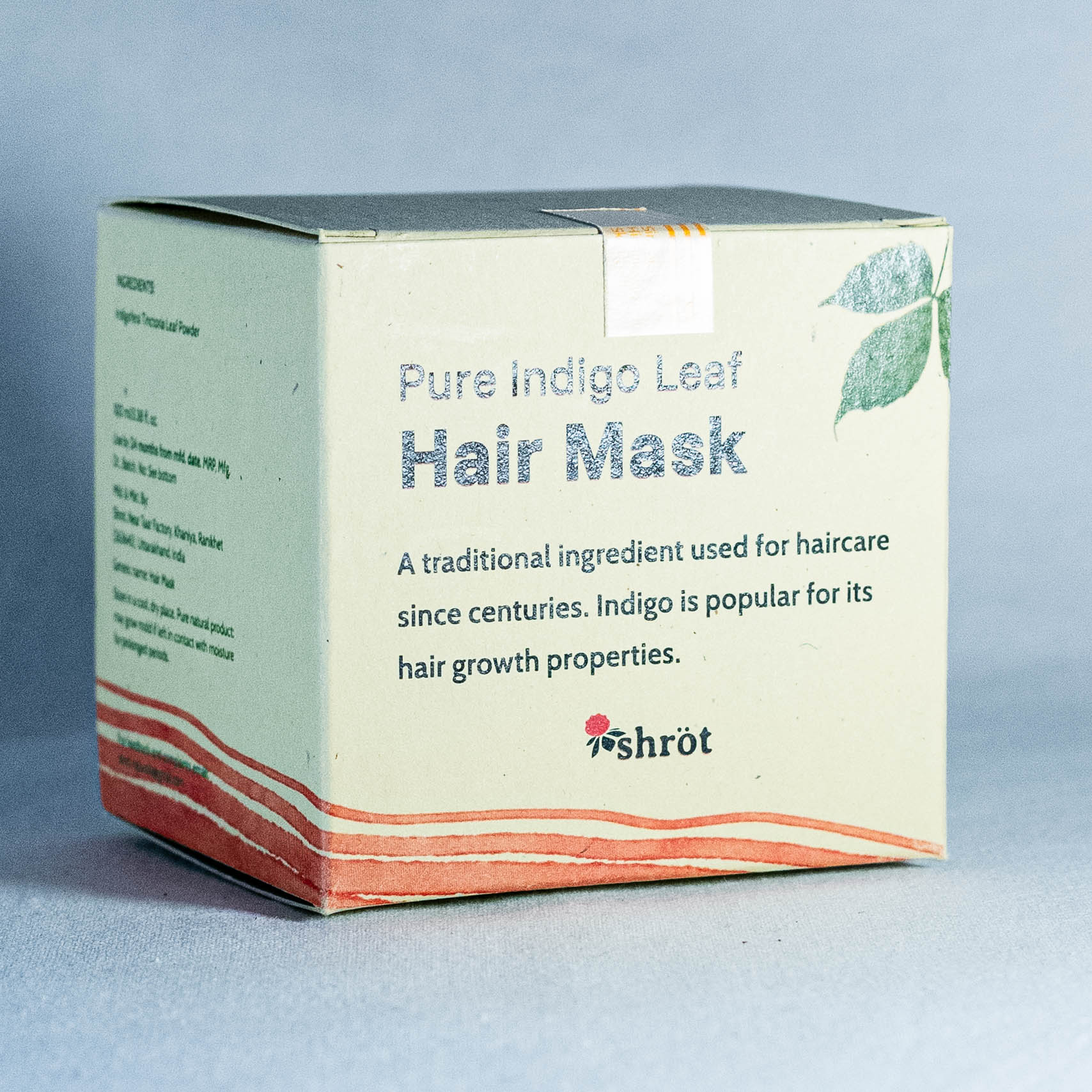 Box of Pure Indigo Leaf Hair Mask by Shrot Natural beauty products  with text and branding on a gray background