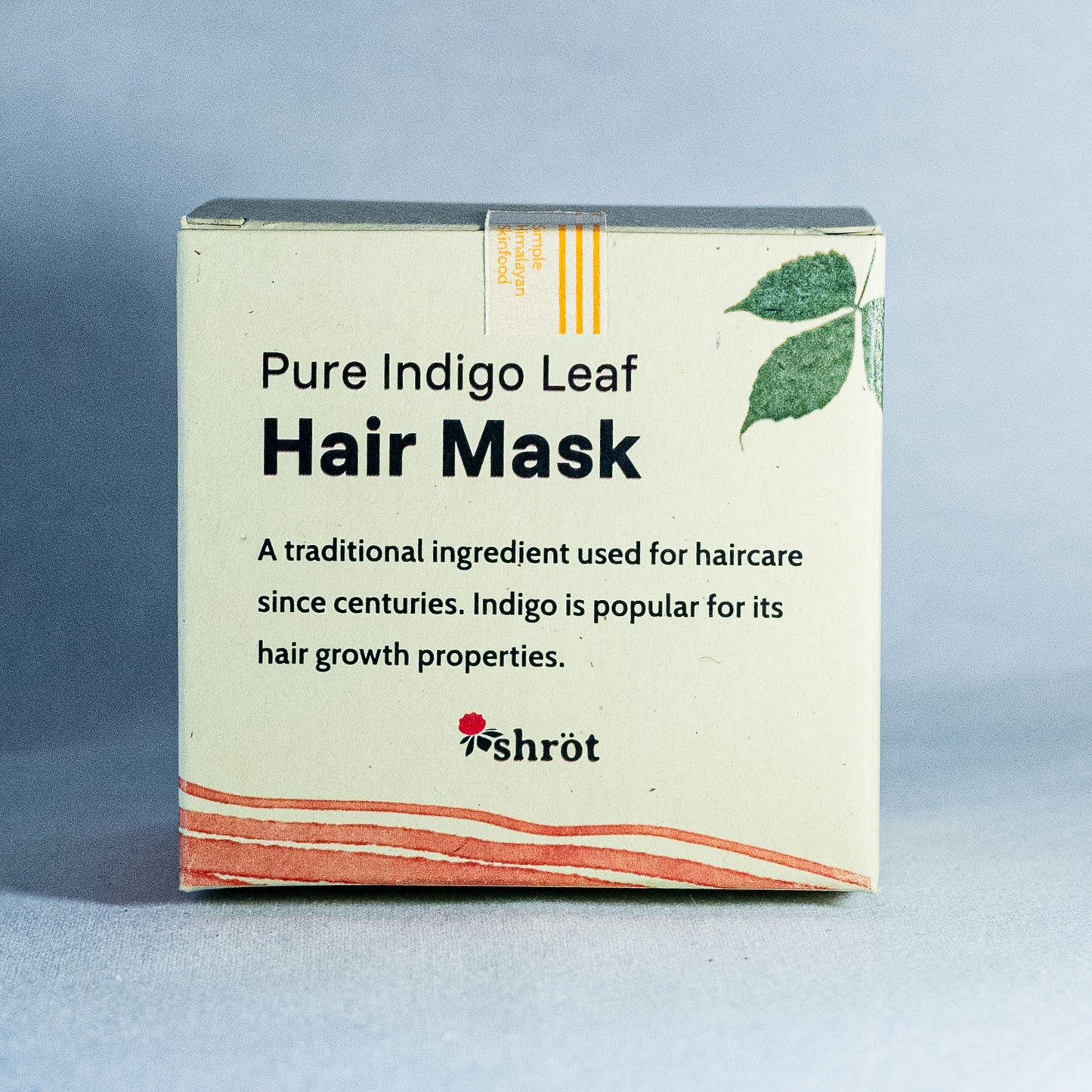 Box of Pure Indigo Leaf Hair Mask by Shrot Natural beauty products with text and branding on a gray background