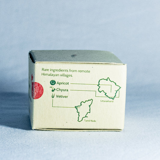 Box with branding and text on a light blue background by a natural skincare brand called Shrot