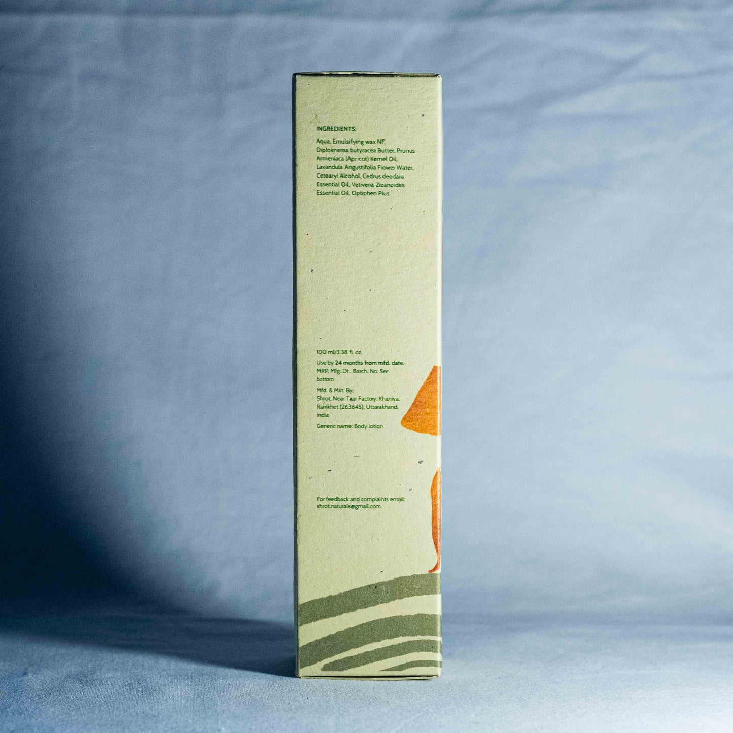 Tall rectangular box with text on a blue background by a trending Indian skincare brand called Shrot