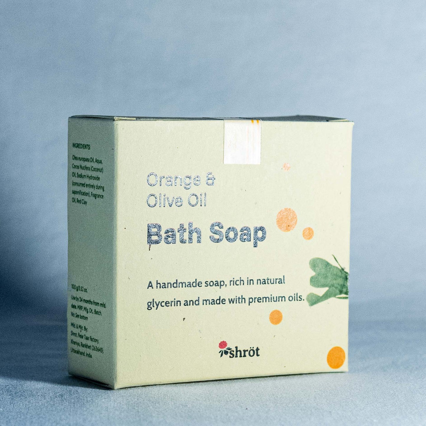 Box of Orange & Olive Oil Bath Soap on a light blue background