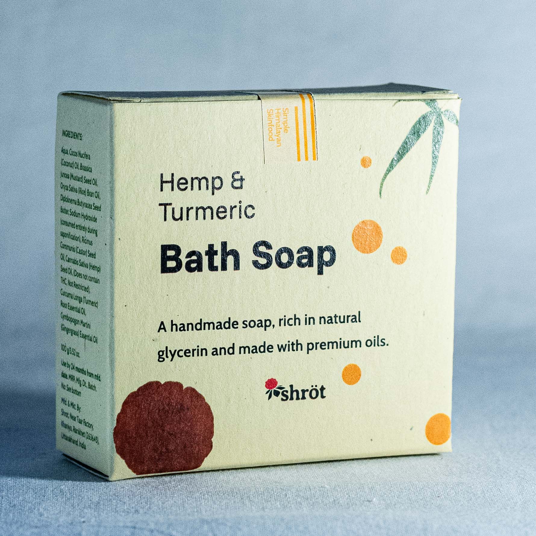 Box of Hemp & Turmeric Bath Soap by Shrot with branding on a blue background