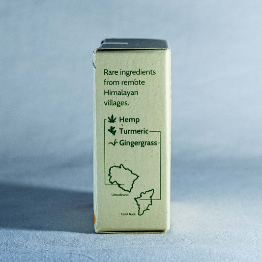 Box of Shrot soap with text about rare ingredients from remote Himalayan villages on a gray background