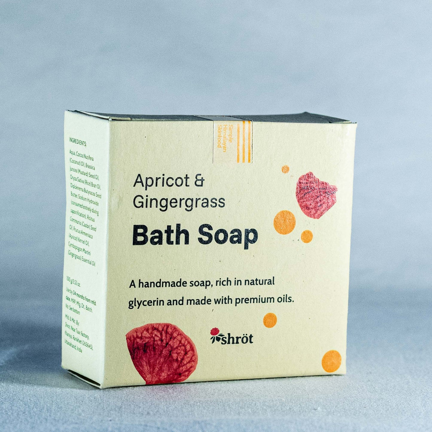 Box of apricot and gingergrass bath soap by Shrot on a light blue background