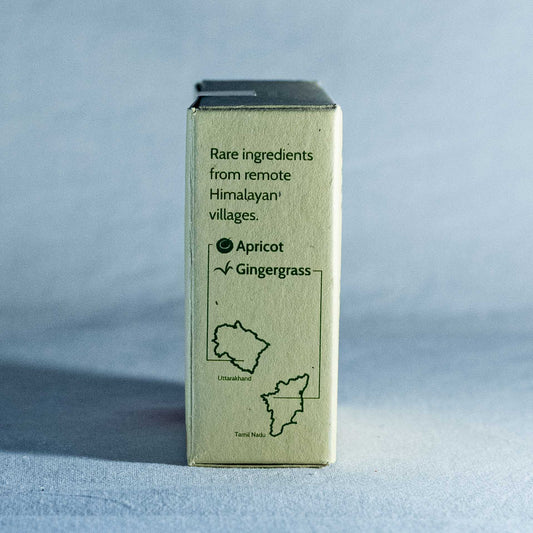 Box with text about rare ingredients from remote Himalayan villages on a gray background