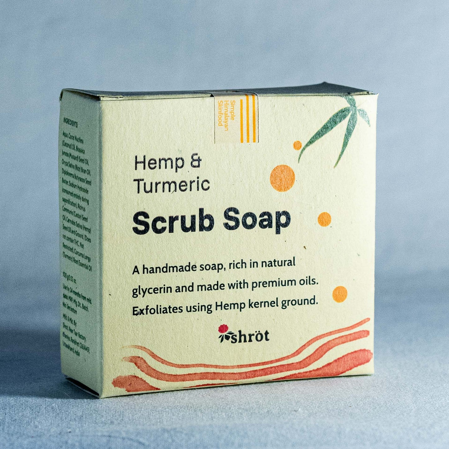Box of Hemp & Turmeric Natural Soap by Shrot with branding on a light blue background